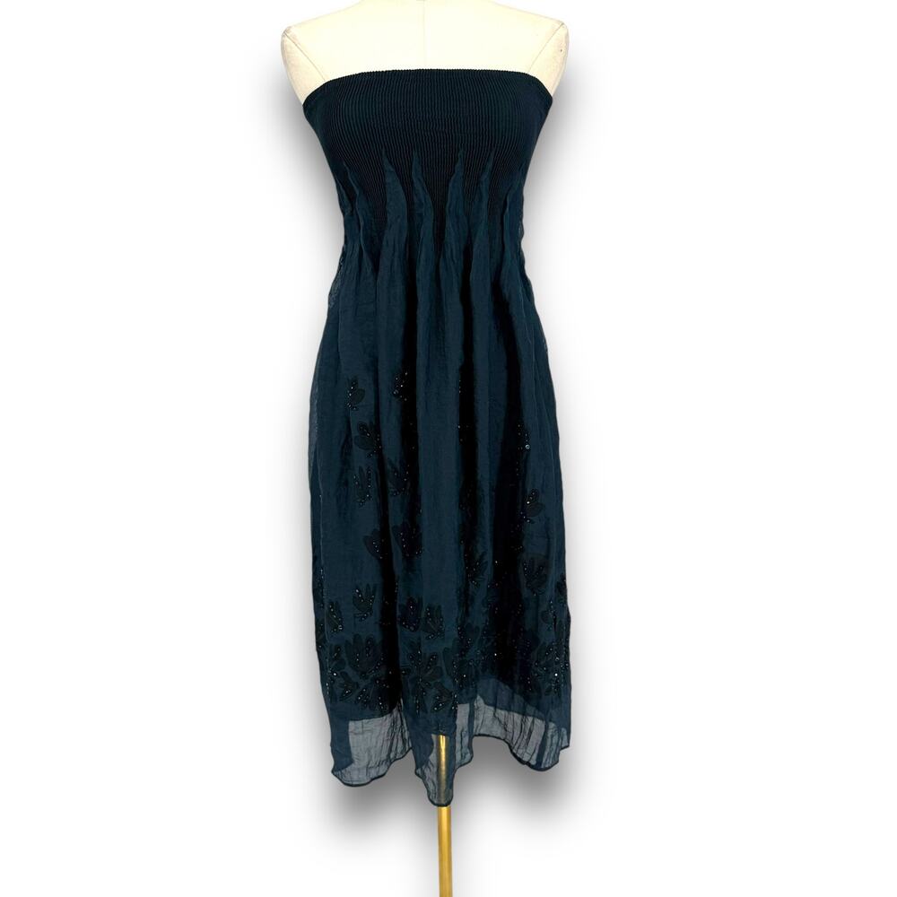 Y2K VTG Lapis Navy Blue Sequin Floral Strapless Dress or Maxi Skirt, One Size